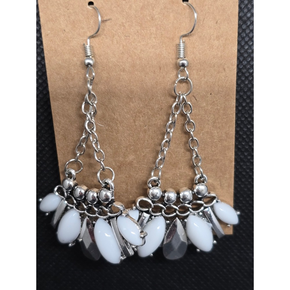 Silver Tone White Resin Teardrop Chandelier‎ Earrings Boho Statement Dangle